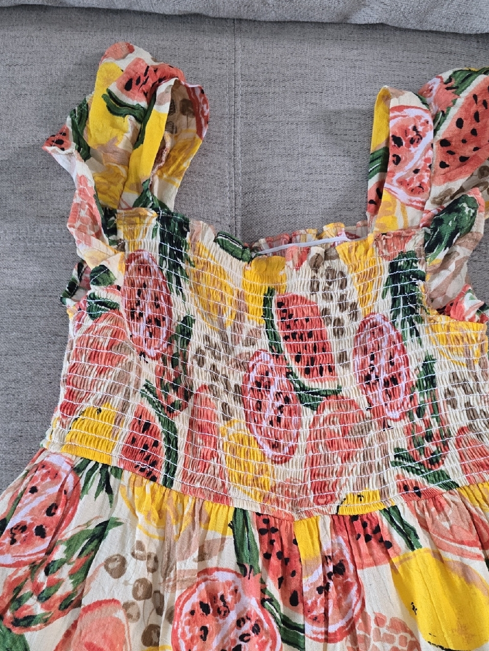 By The River Smocked Yellow & Pink Tropical Fruit Midi Dress Sz Medium - Picture 8 of 8